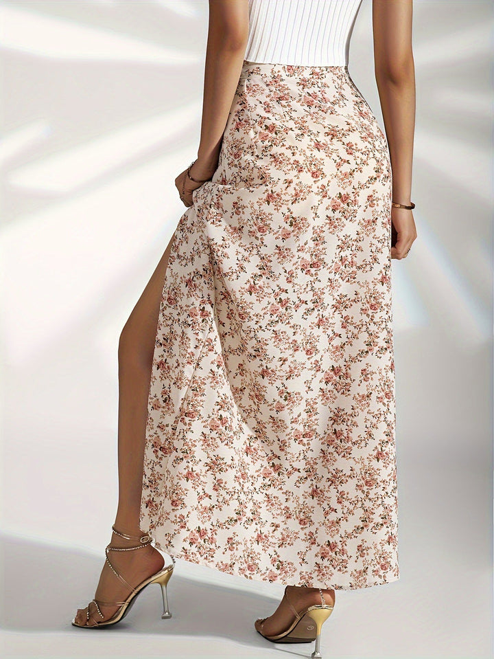 Gebloemde lange rok met zijsplit - Lichtblauw