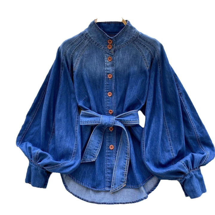Damesblouse van denim met pofmouwen en ceintuur - Elara