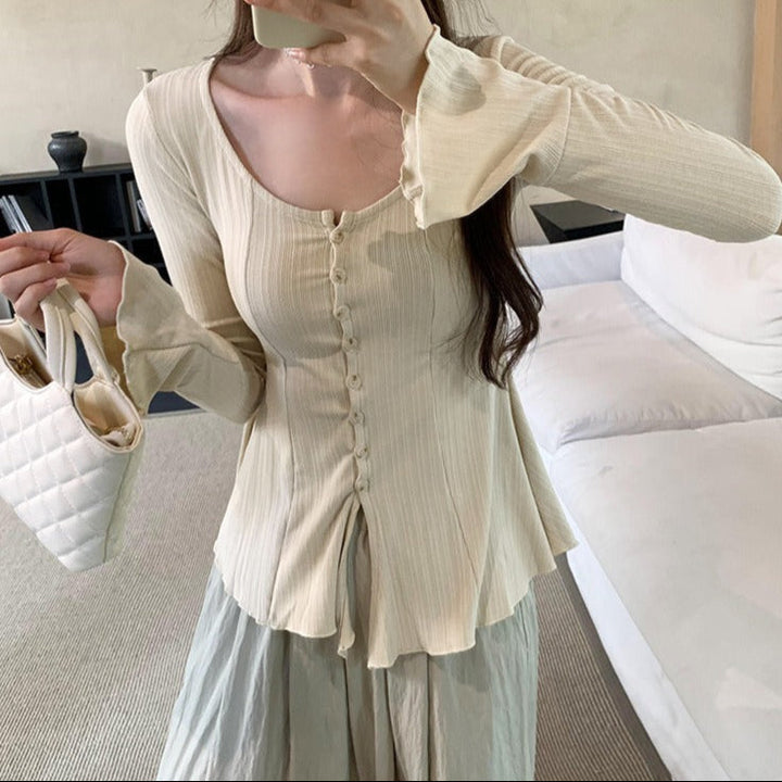 Geribd dames-T-shirt met lange mouwen en decoratieve knopen - Delorean