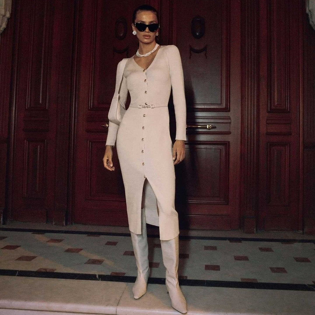 Gebreide midi-jurk met dunne knoopsluiting - Maelle