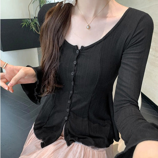 Geribd dames-T-shirt met lange mouwen en decoratieve knopen - Delorean