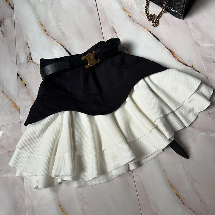 Dames denim minirok gecombineerd met geplooide ruches in laagjes - Yvette