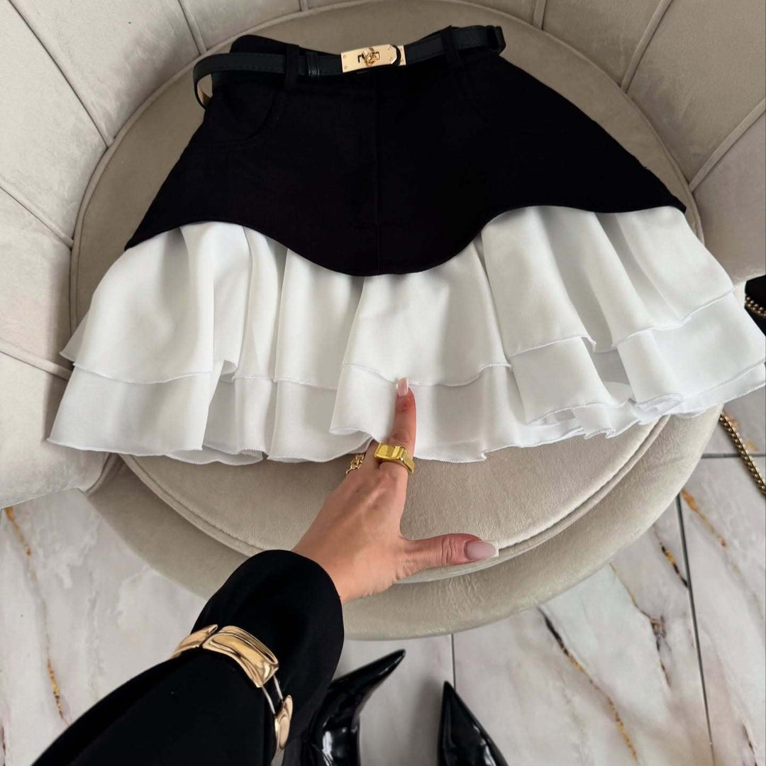 Dames denim minirok gecombineerd met geplooide ruches in laagjes - Yvette