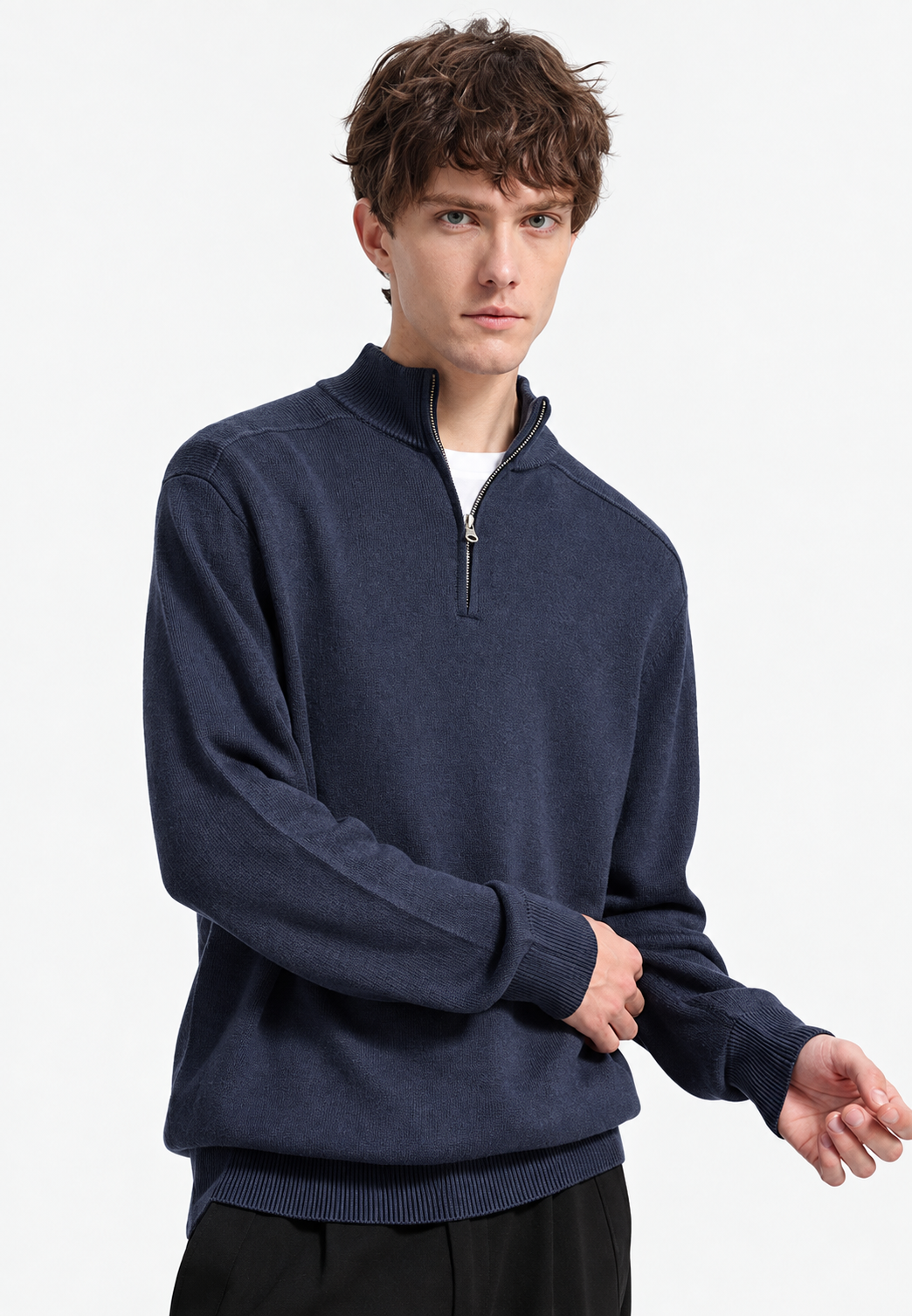 Herenpullover van merinowol met halve rits en hoge kraag - Florent