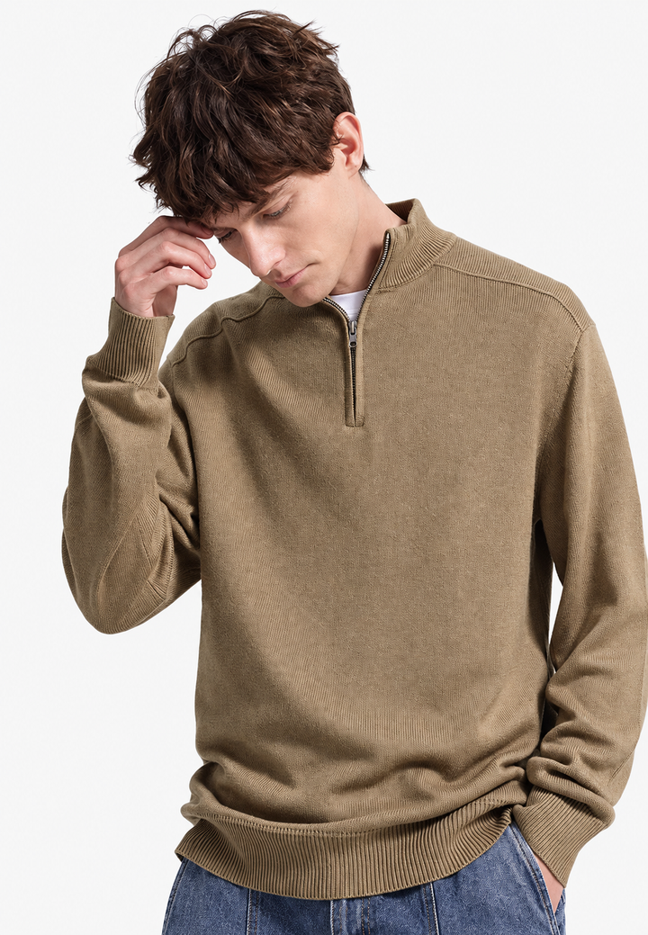 Herenpullover van merinowol met halve rits en hoge kraag - Florent