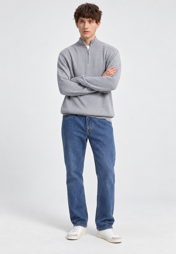 Herenpullover van merinowol met halve rits en hoge kraag - Florent