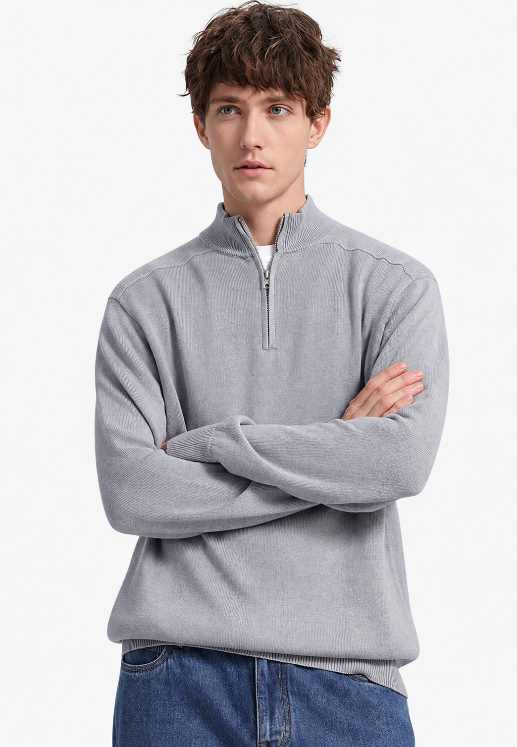Herenpullover van merinowol met halve rits en hoge kraag - Florent