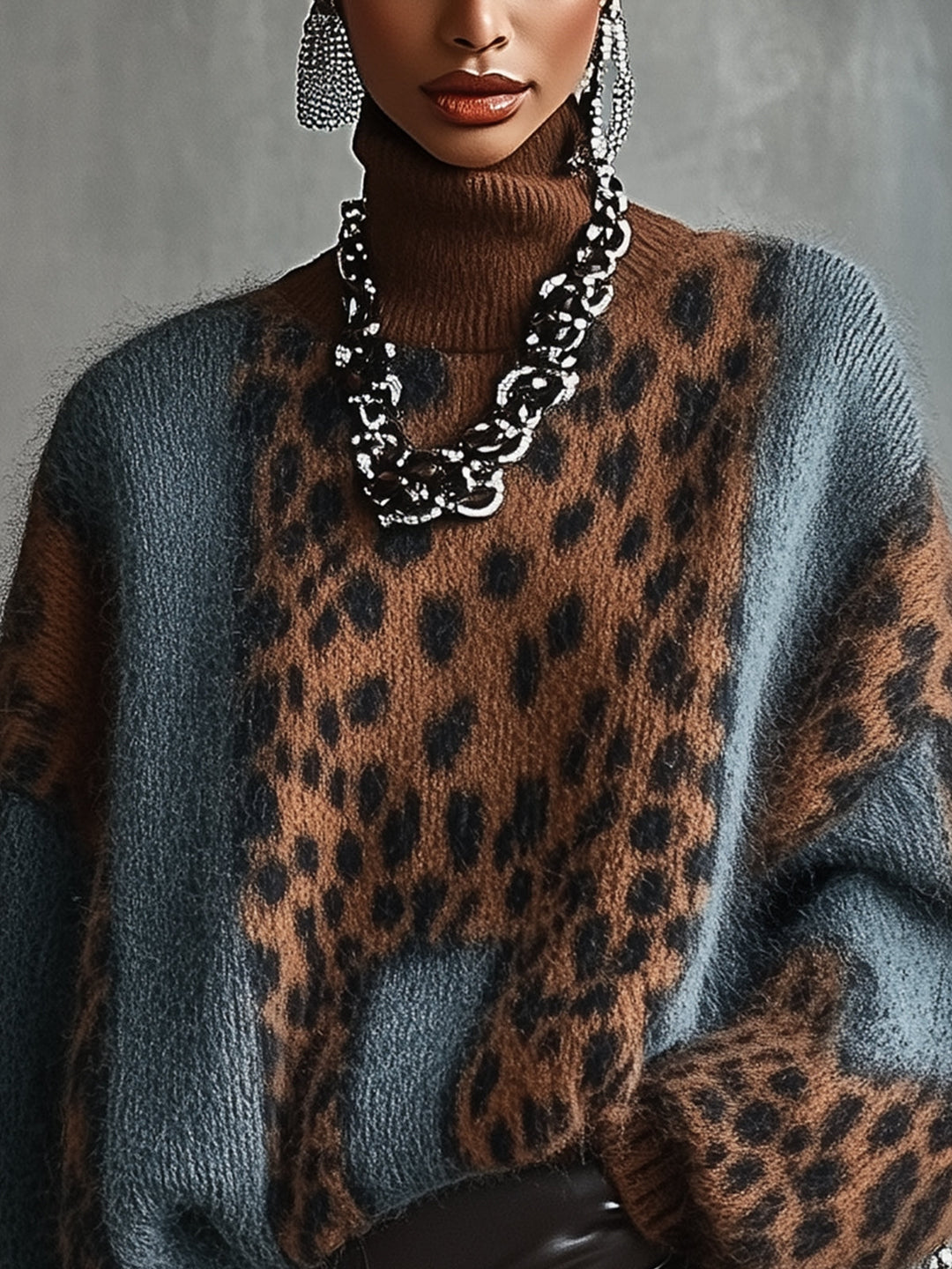 Oversized damestrui met hoge kraag en luipaardprint - Linnea
