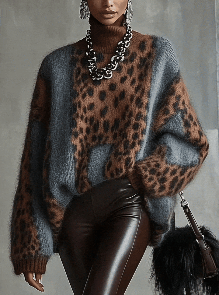 Oversized damestrui met hoge kraag en luipaardprint - Linnea
