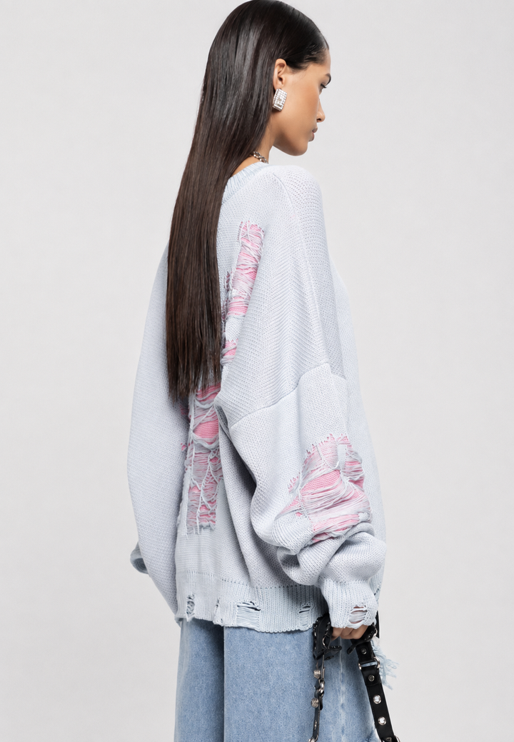 Oversized damestrui met opengebreid patroon en decoratieve scheurtjes - Vianne