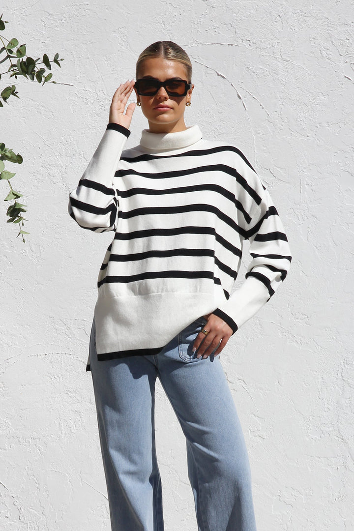 Oversized gestreepte damestrui met hoge kraag - Runa