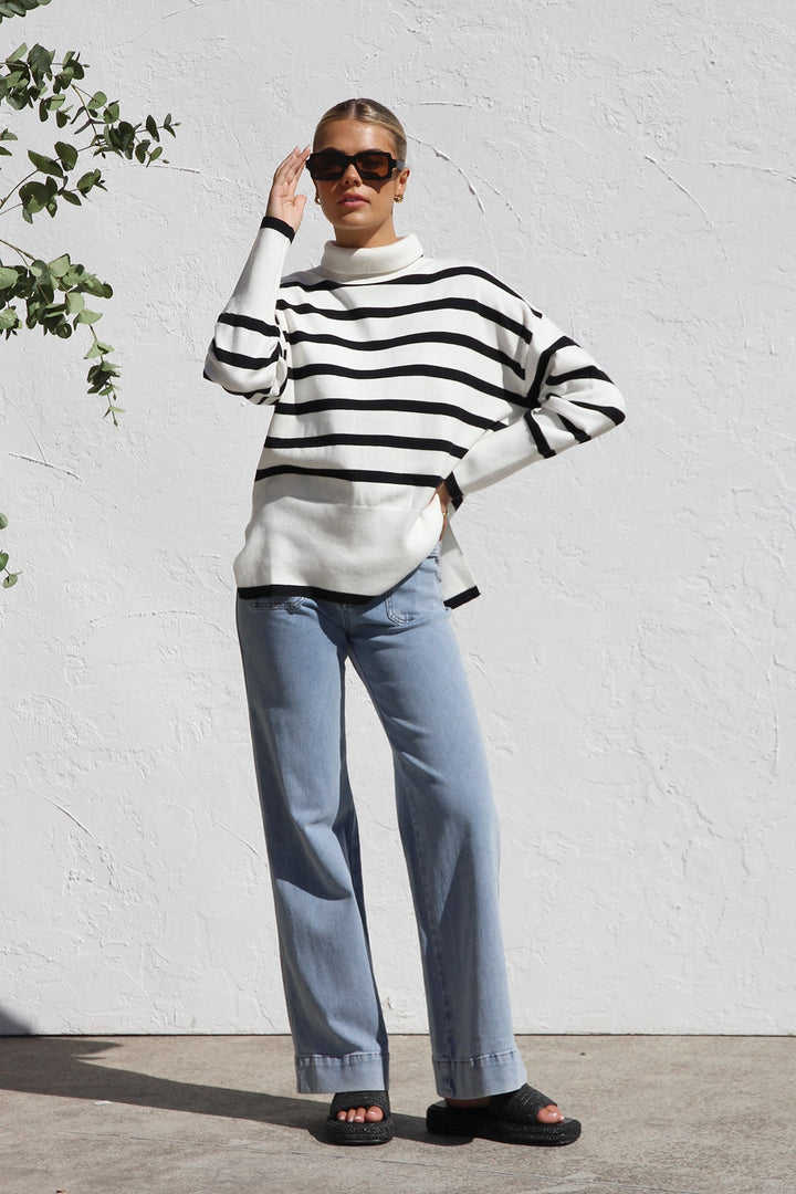Oversized gestreepte damestrui met hoge kraag - Runa