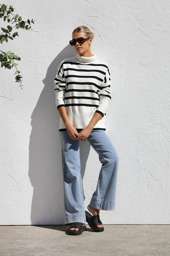 Oversized gestreepte damestrui met hoge kraag - Runa