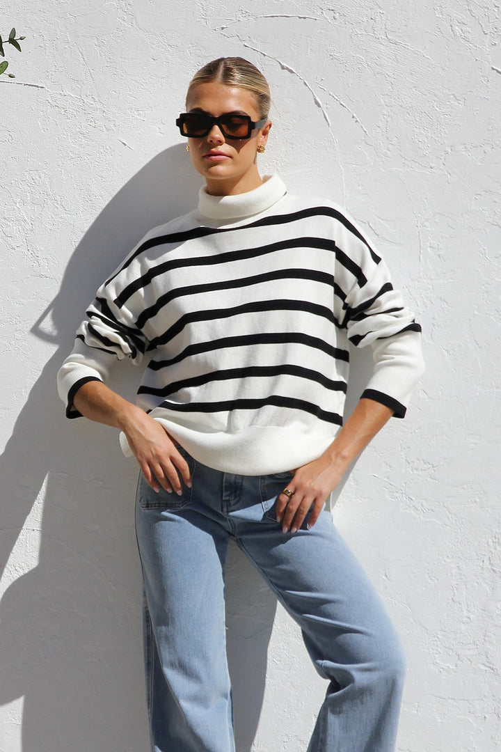Oversized gestreepte damestrui met hoge kraag - Runa
