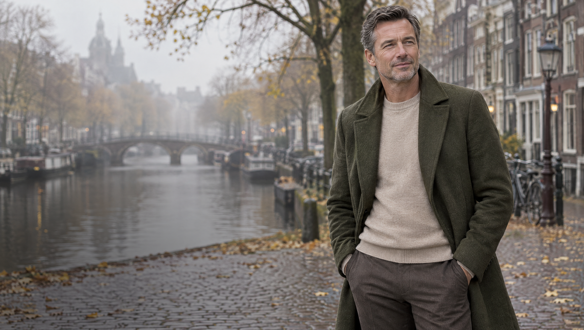 Man in olijfgroene wollen jas aan een Amsterdamse gracht in de herfst