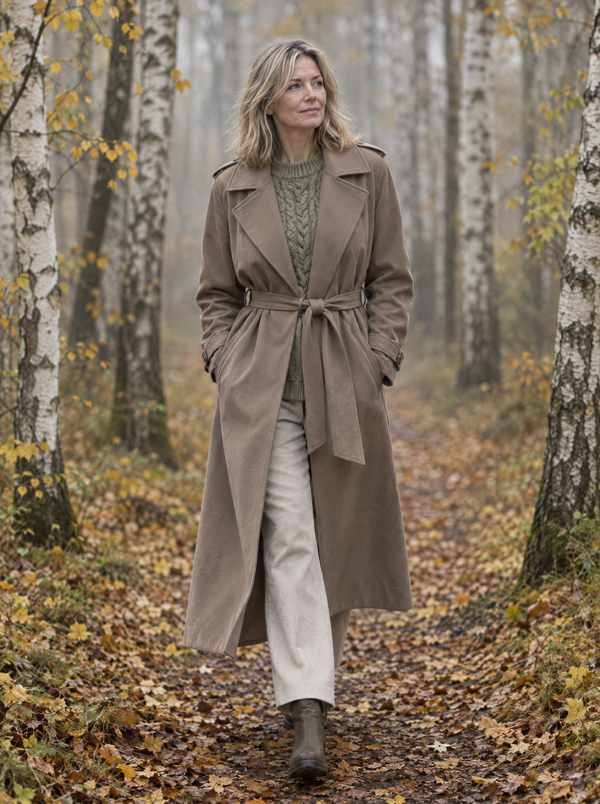 Vrouw in lange taupe trenchcoat in een berkenbos in de herfst