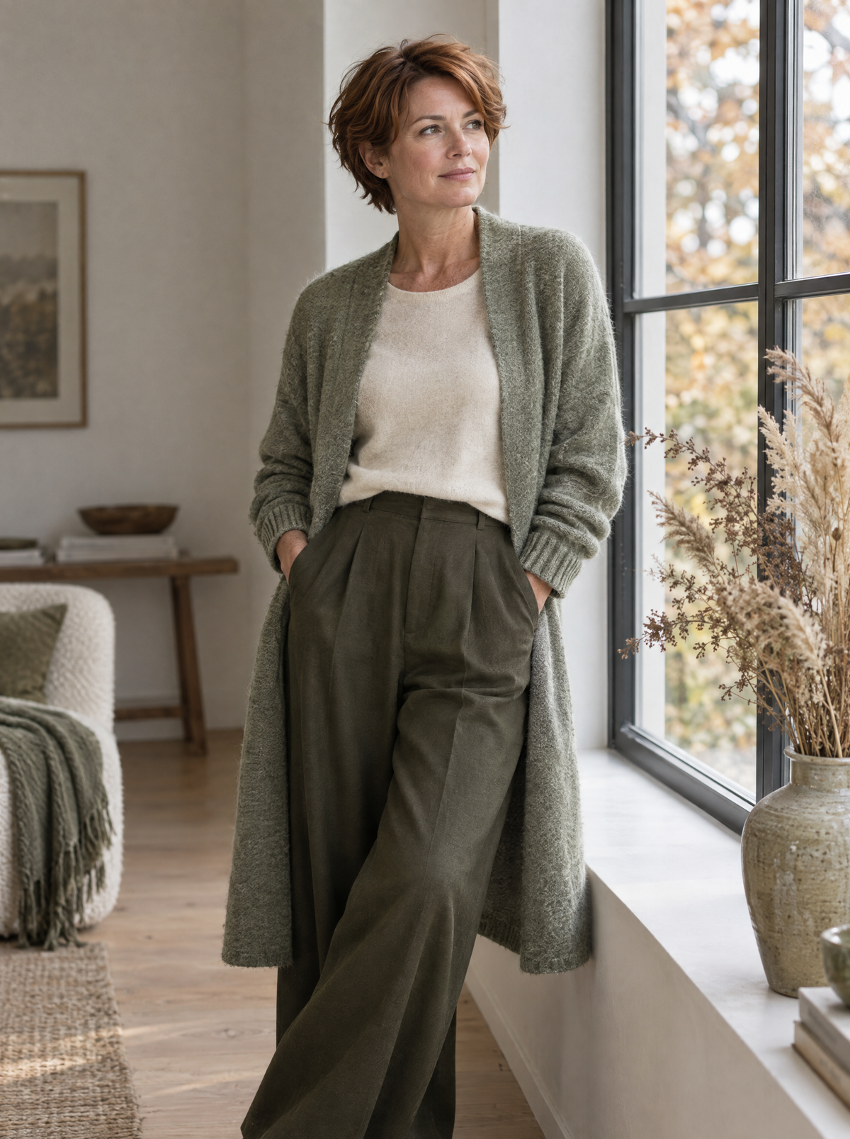 Vrouw in lang saliegroen vest bij een raam met herfstlicht