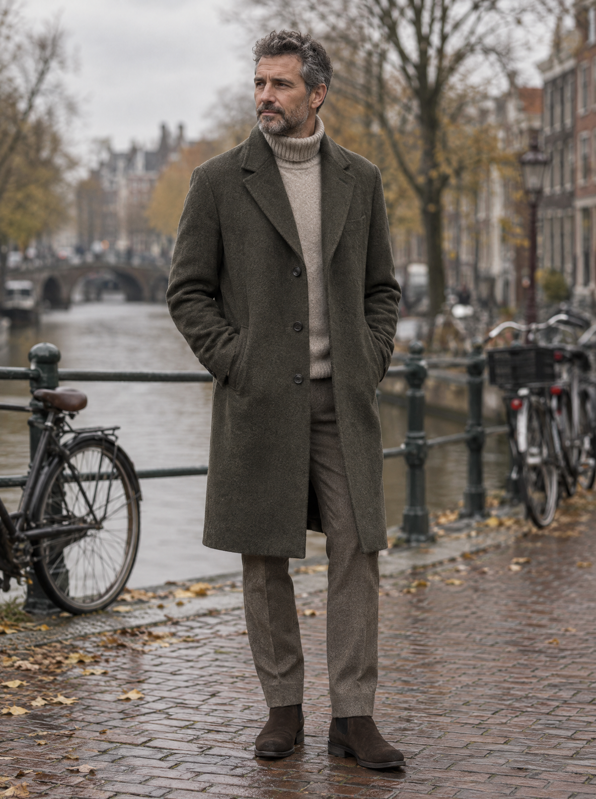 Man in lange wollen jas op een grachtenbrug in de herfst