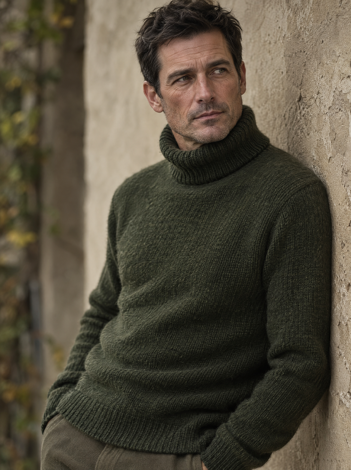 Man in mosgroene merino coltrui tegen een warme stucmuur