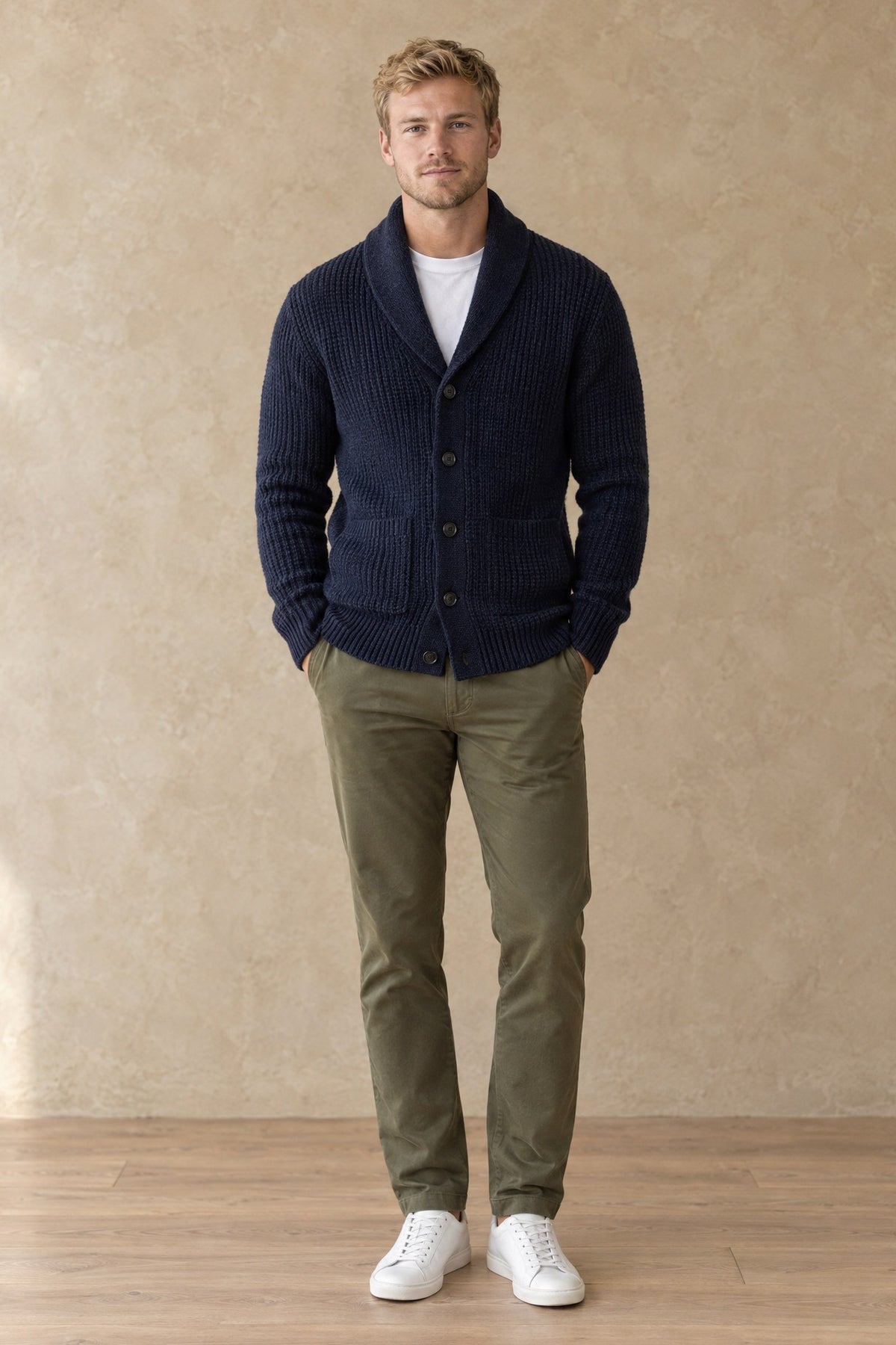 Jonge man in navy gebreid vest met sjaalkraag – Letenta herfst