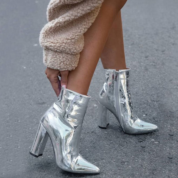 Camila - Metallic Spitse Teen Enkellaars met Chunky Heel Zip Side