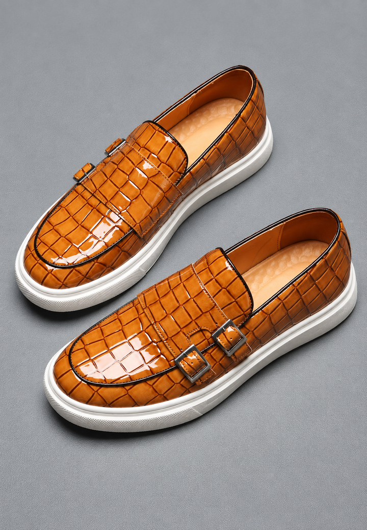 Mocassin heren met krokodillenlook, dubbele gesp en witte zool - Torben