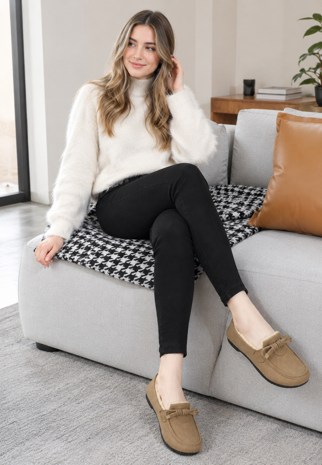 Mocassin dames met pluchen voering en decoratieve strik - Selma