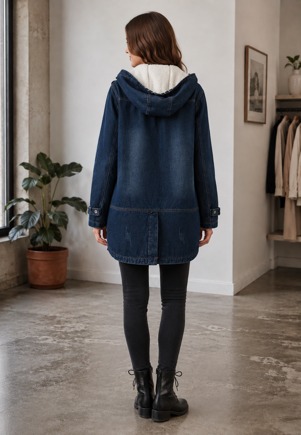 Lange denim parka met capuchon en voering met schapenvachtlook - Freja