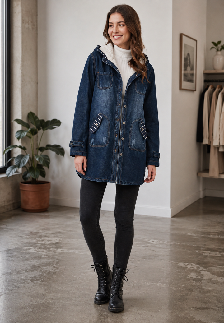 Lange denim parka met capuchon en voering met schapenvachtlook - Freja