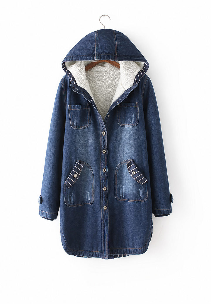 Lange denim parka met capuchon en voering met schapenvachtlook - Freja