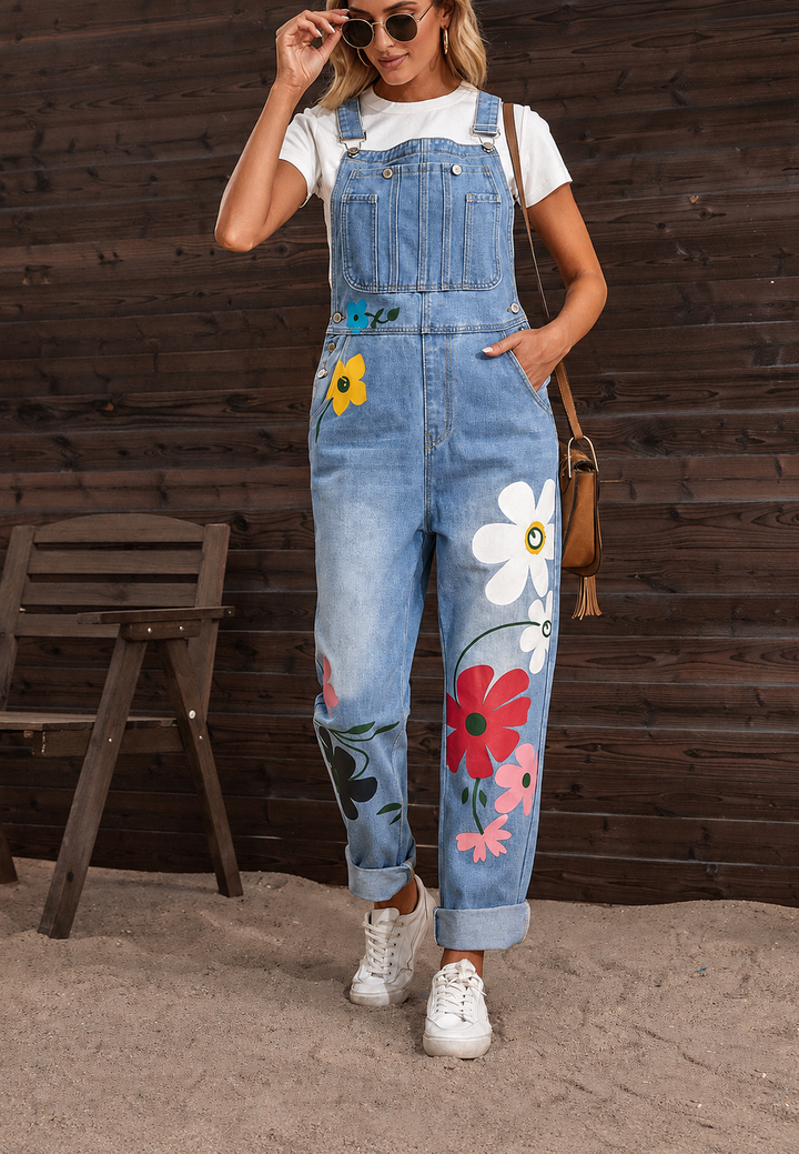 Denim overalls voor dames met bloemenprint - Wendy