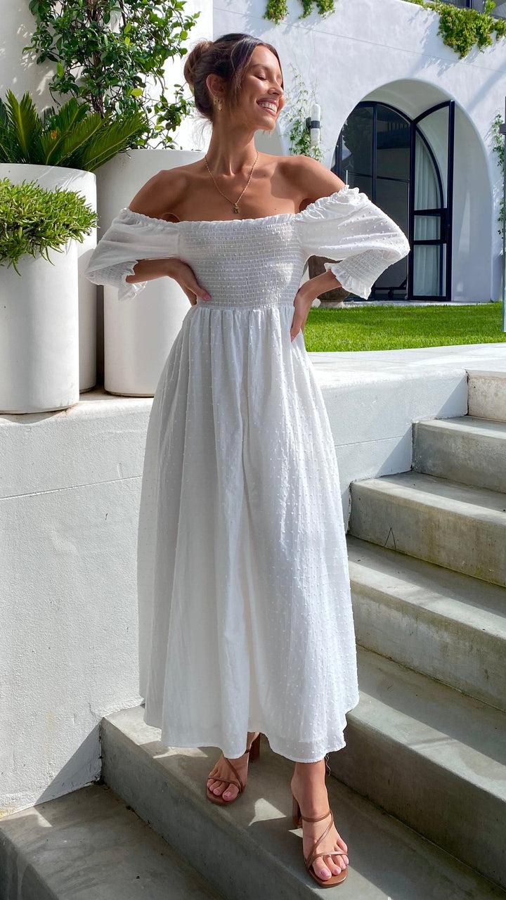 Witte midi-jurk met blote schouders voor dames - Renata