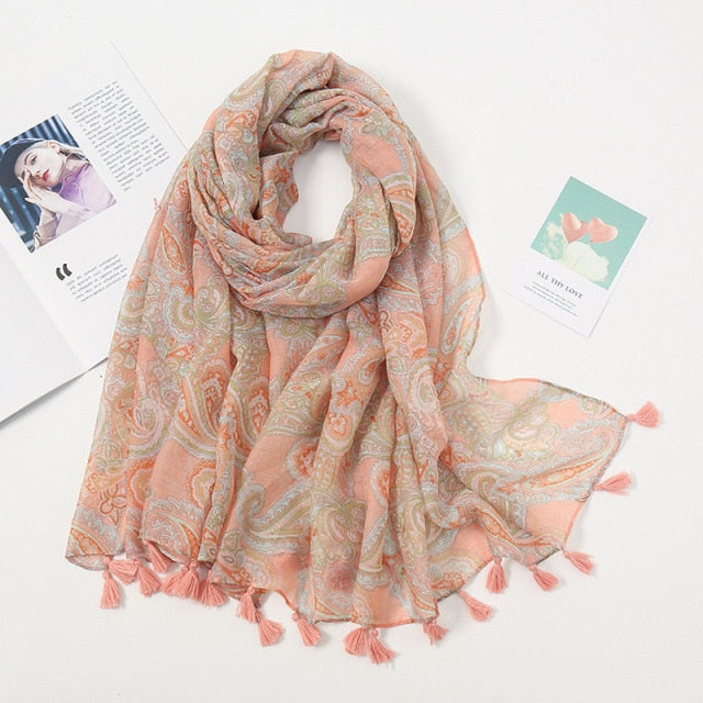 Pashmina sjaal met bloemenkwastjes