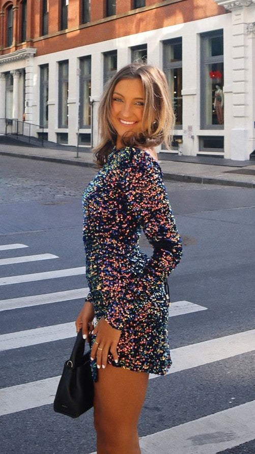 Mini-jurk met pailletten en lange mouwen voor dames - Evelyn
