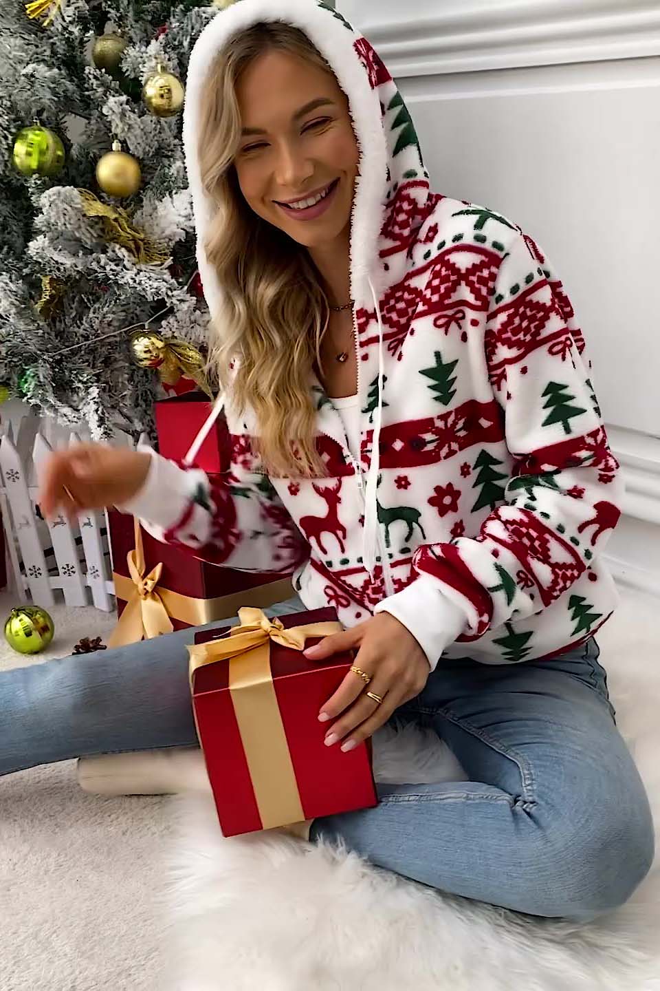 Dameshoodie met capuchon en rits, kerstprint - Nolwenn