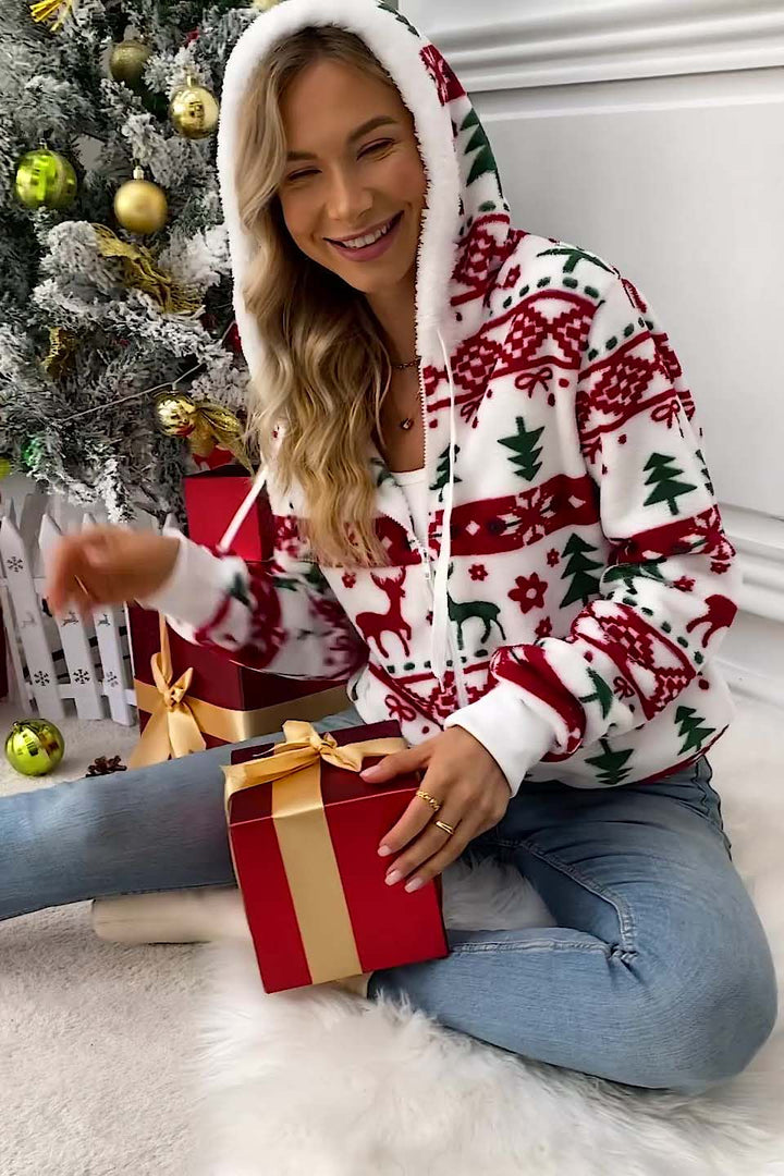 Dameshoodie met capuchon en rits, kerstprint - Nolwenn