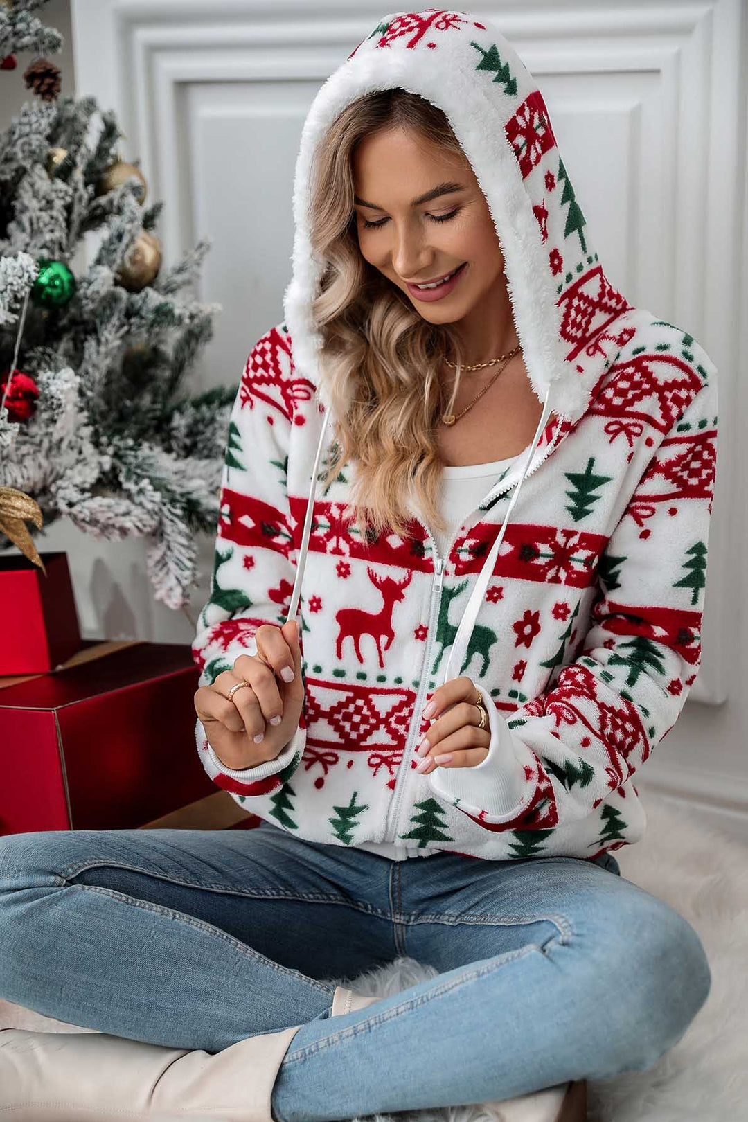 Dameshoodie met capuchon en rits, kerstprint - Nolwenn