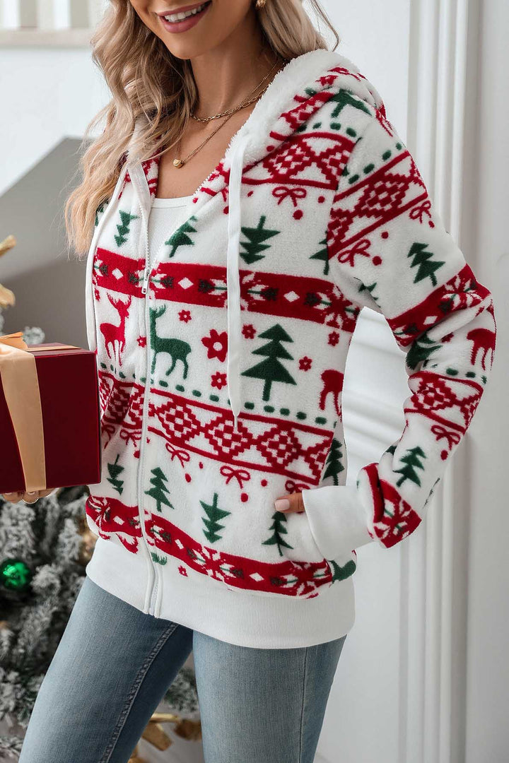 Dameshoodie met capuchon en rits, kerstprint - Nolwenn