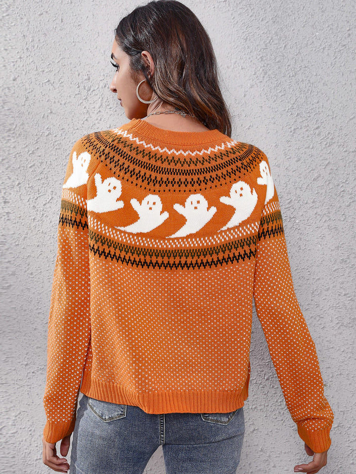 Gebreide trui met ronde hals en retro literair spookpatroon - Nerissa