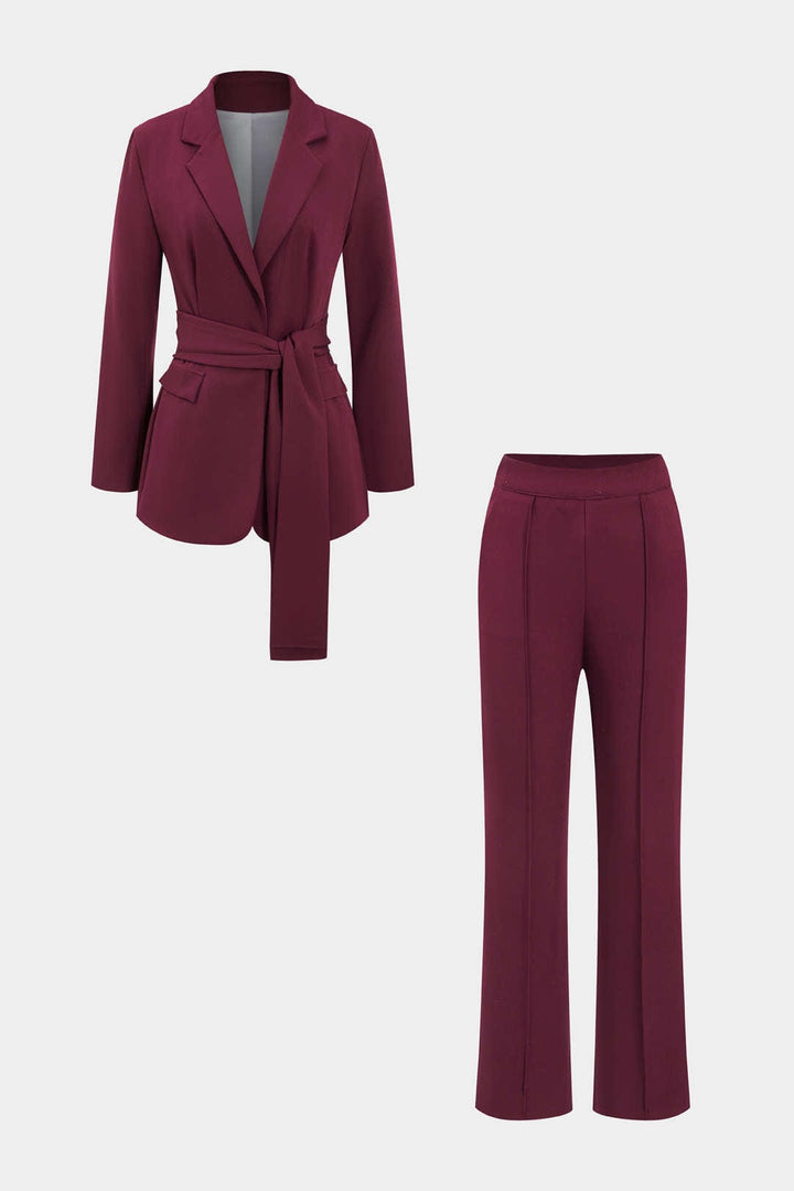 Tweedelig damespak met blazer met riem en rechte broek - Camilla