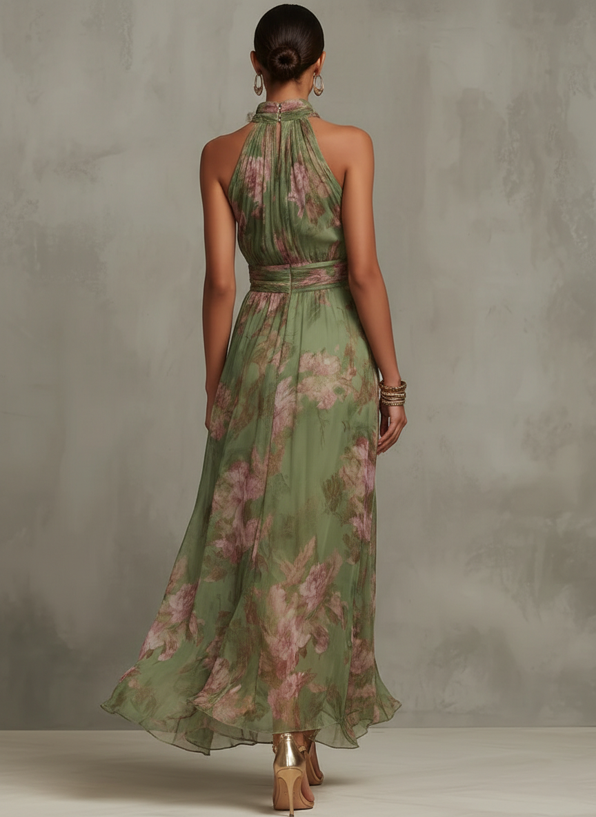 Lange jurk met bloemenprint, halternek en gedrapeerde taille – Sophie