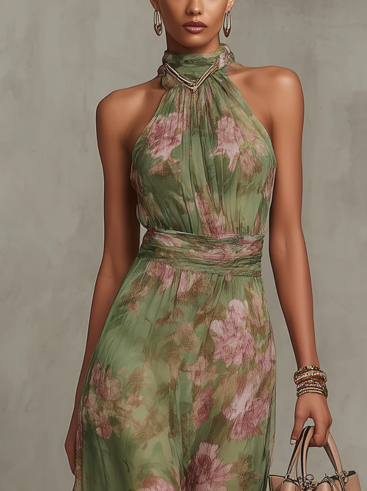 Lange jurk met bloemenprint, halternek en gedrapeerde taille – Sophie