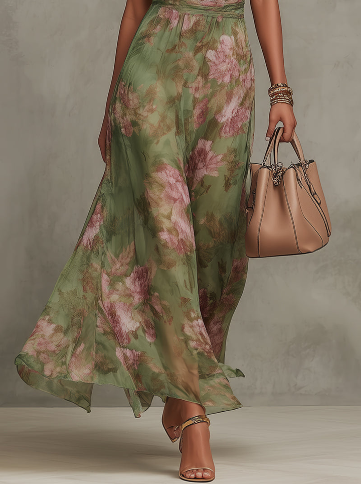 Lange jurk met bloemenprint, halternek en gedrapeerde taille – Sophie