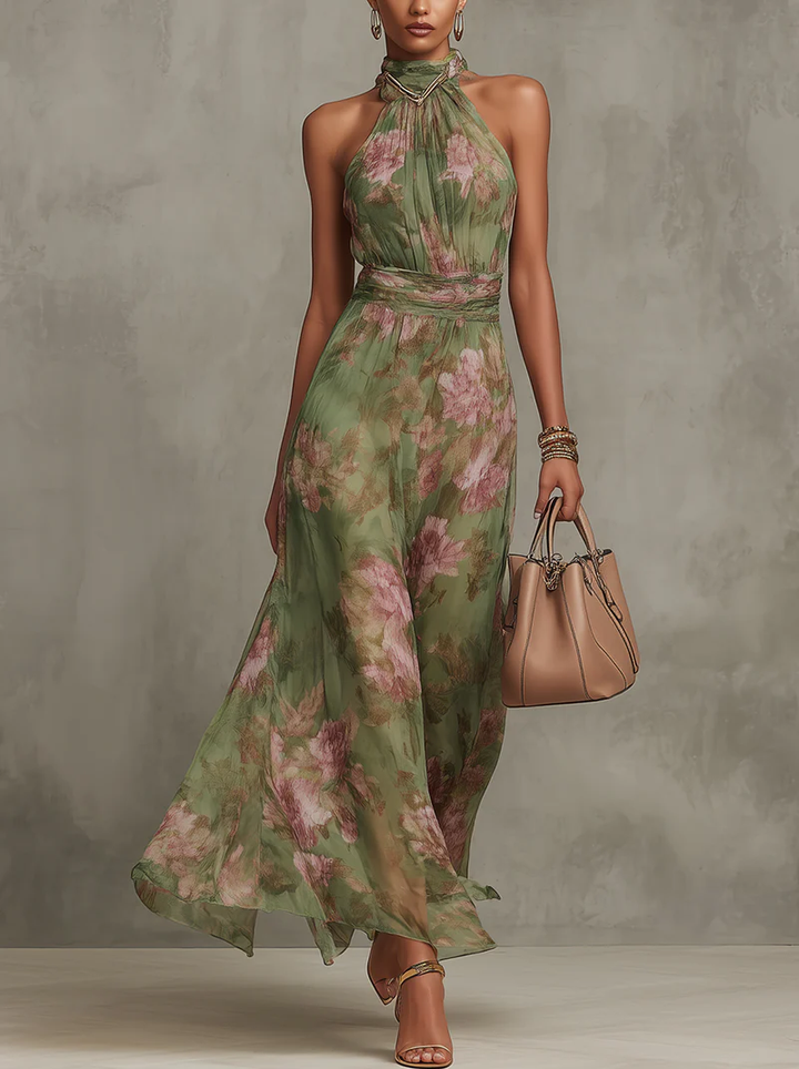 Lange jurk met bloemenprint, halternek en gedrapeerde taille – Sophie