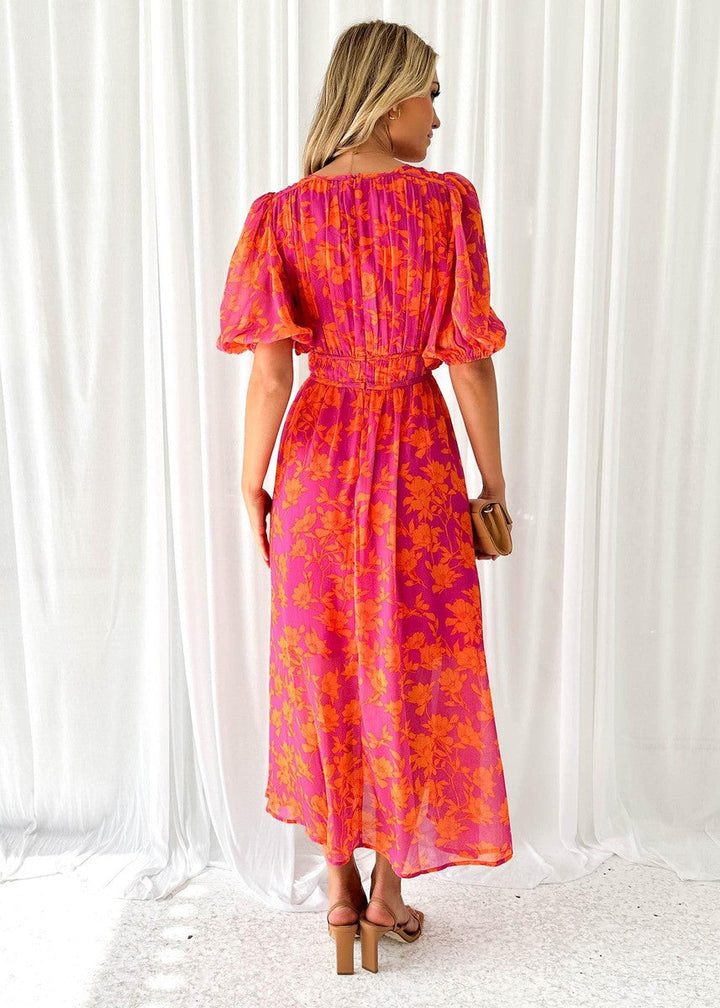Midi-jurk voor dames met bloemenprint en pofmouwen - Katy