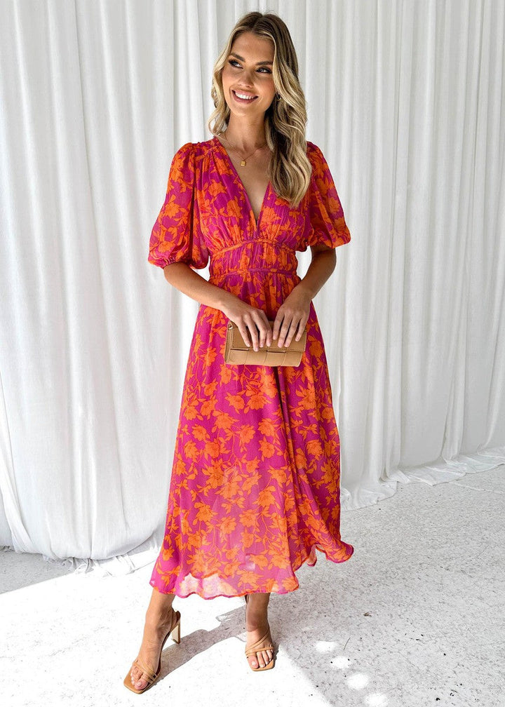 Midi-jurk voor dames met bloemenprint en pofmouwen - Katy