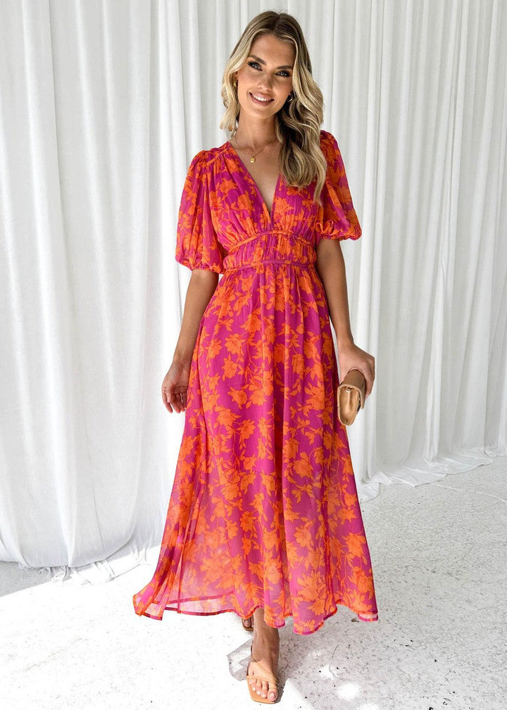 Midi-jurk voor dames met bloemenprint en pofmouwen - Katy