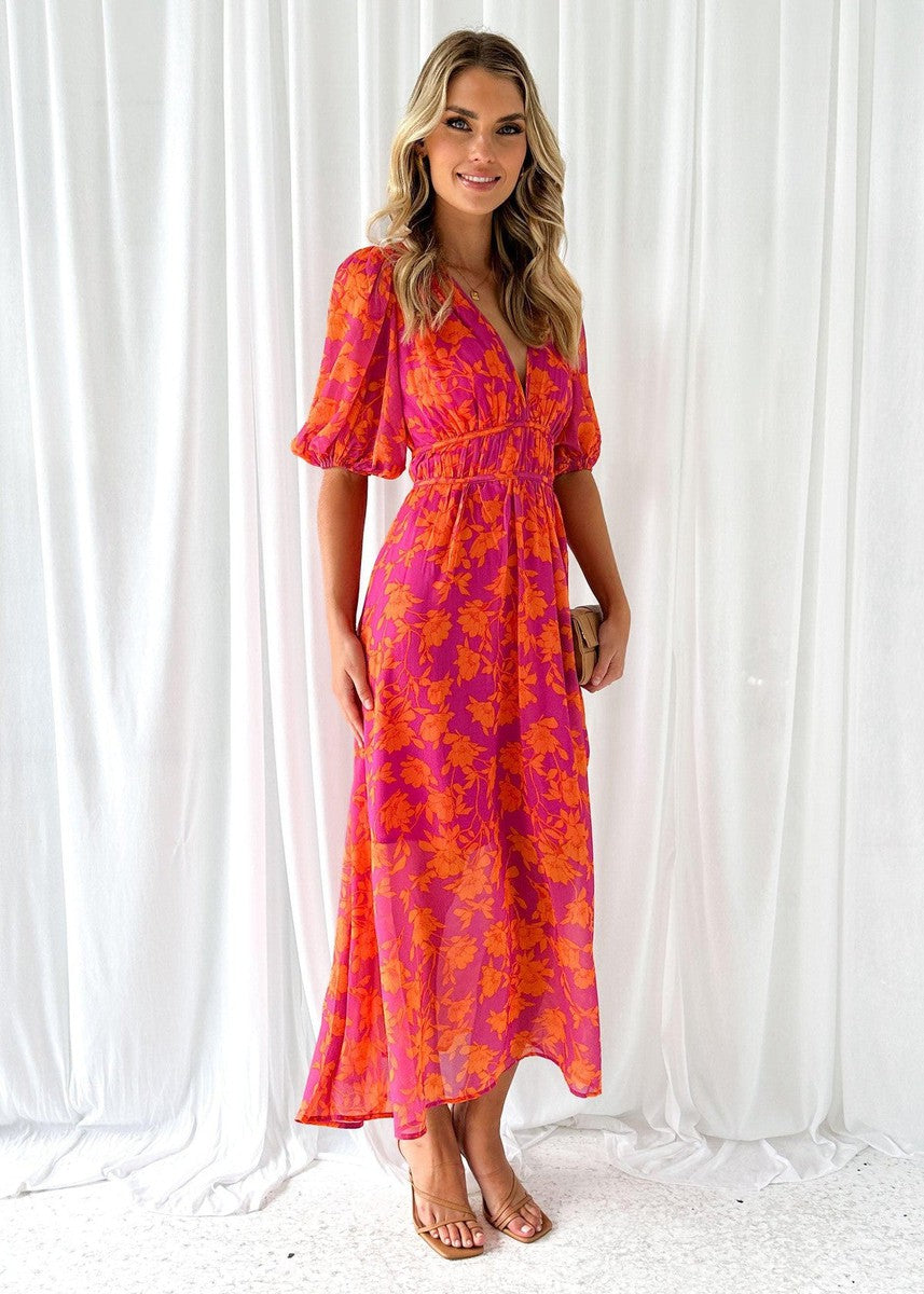 Midi-jurk voor dames met bloemenprint en pofmouwen - Katy