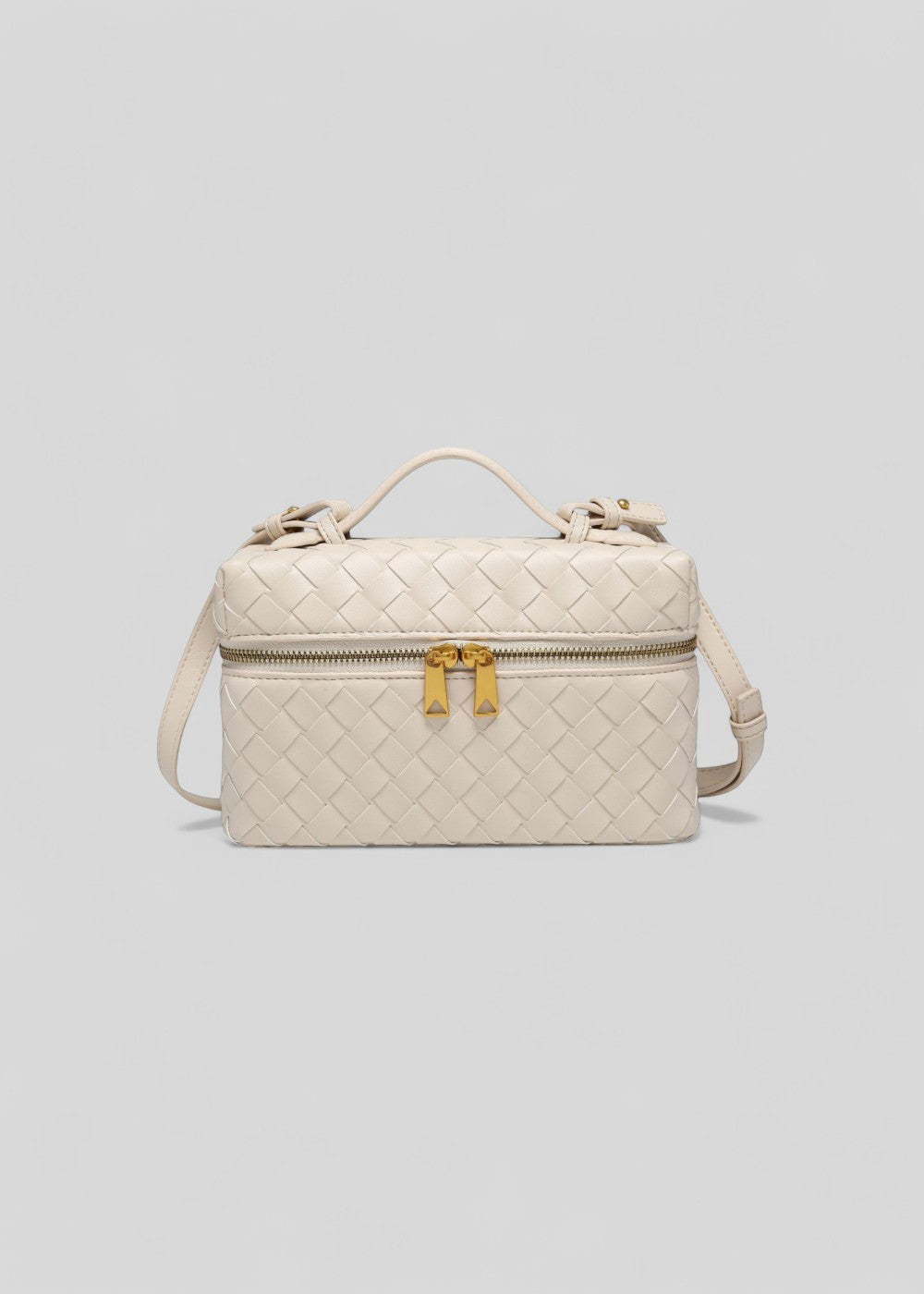 Gevlochten damestas zwart stijve structuur gouden ritsen - Valeska